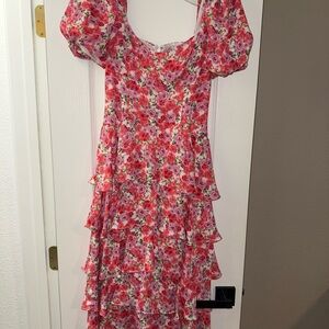 Wayf Pink Red Floral Ruffle Midi Dress